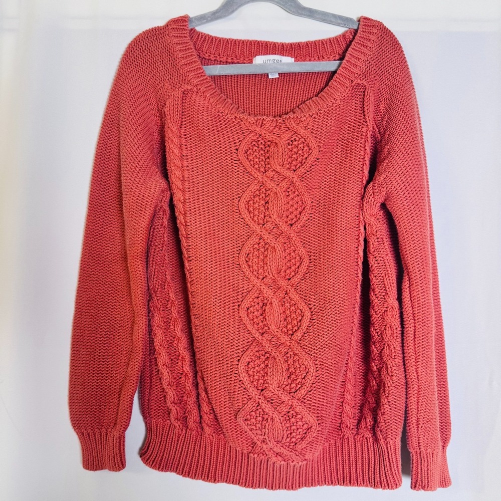 Umgee Rust Coral Cable Knit Sweater Sz Small Square Neck Boho Cozy Fall Pullover
